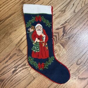 Vintage Needlepoint Christmas Stocking Santa Claus‎ Handcrafted Wool Velvet Back